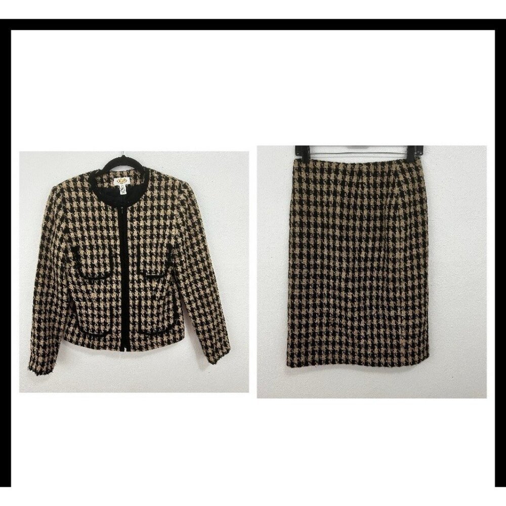 Talbots Houndstooth Tweed Blazer Skirt Set Sz 4 Wool Blend Pockets Zipper Front